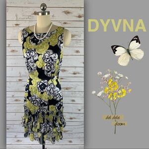 DYVNA Yellow Black Chacha Ruffle Floral Silk Dress